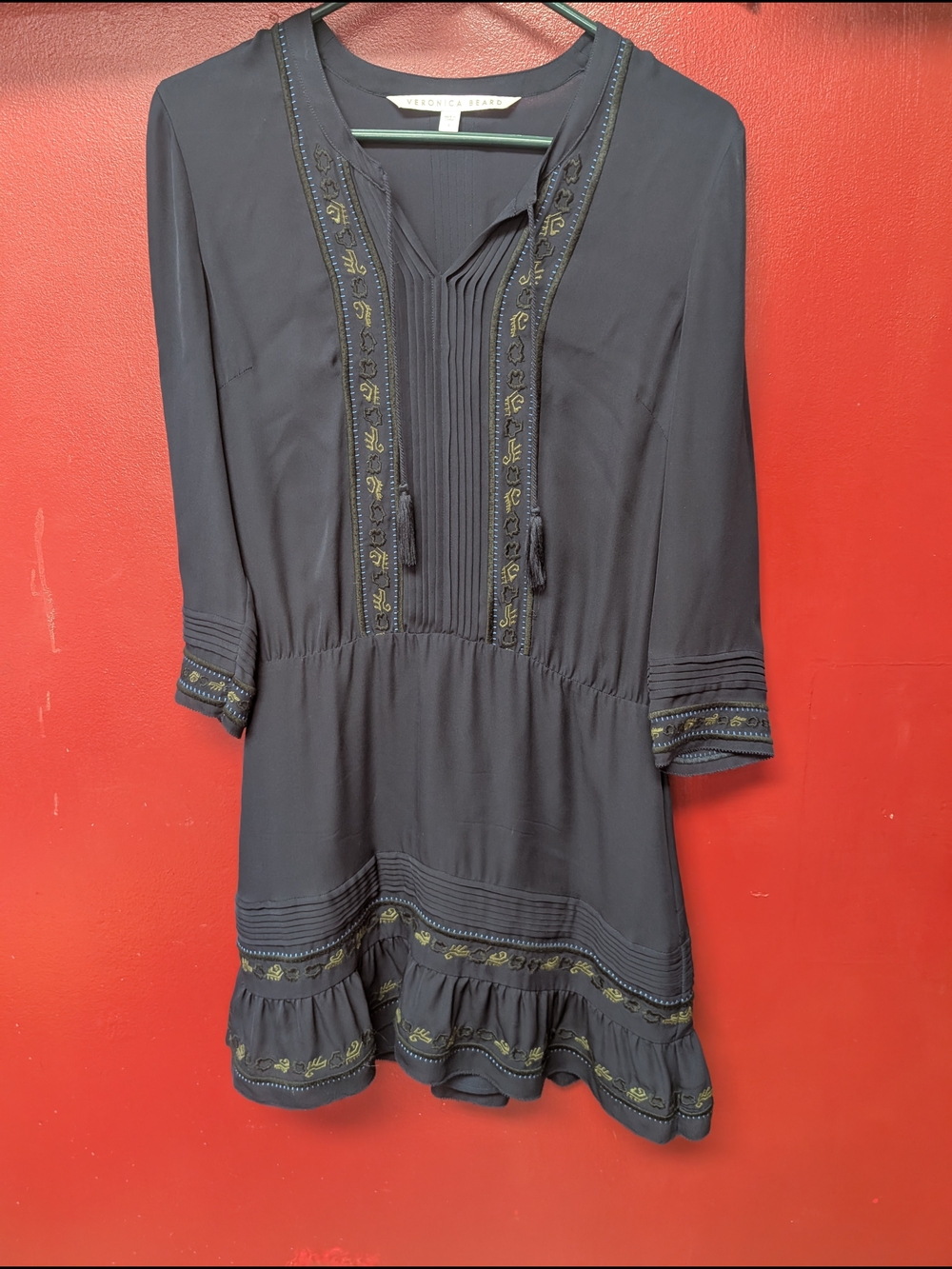 Veronica Beard Navy Blue Embroidered Long Sleeve Dress
